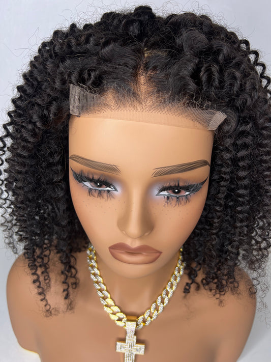 Top Raw Virgin HD Lace Frontal Wig – 4x4 – 14” – 180% Kinky Curly – Sliding Band