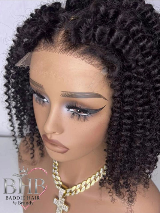 Top Raw Virgin HD Lace Frontal Wig – 4x4 – 14” – 180% Kinky Curly – Sliding Band